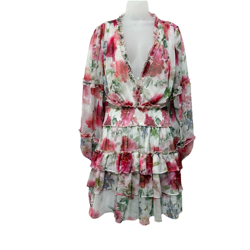 Lilly’s Kloset Pink Tiered Ruffle Cutout Floral Mini Dress Long Sleeve 1XL